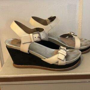 Marni Leather and Suede White Black Silver Wedge Platform Strappy Sandals 9